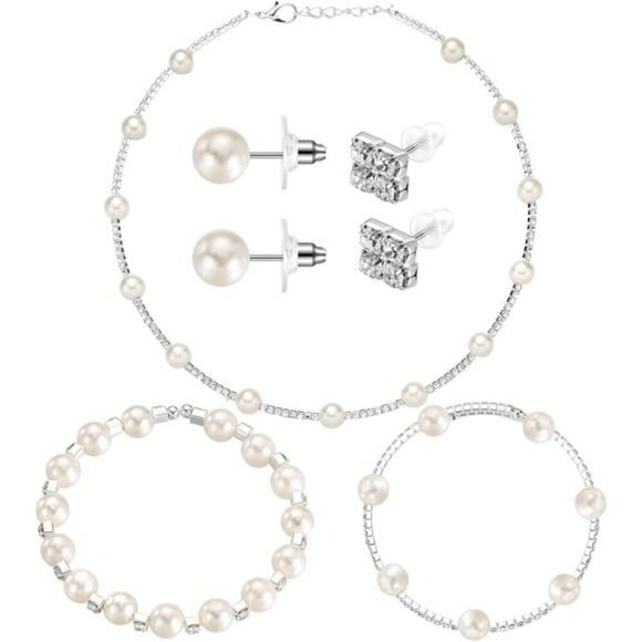 Pearl Rhinestone Jewelry Set for Women Pearl Necklace Bracelets and Earrings - Picture 1 of 6